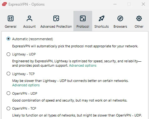 ExpressVPN protokolai