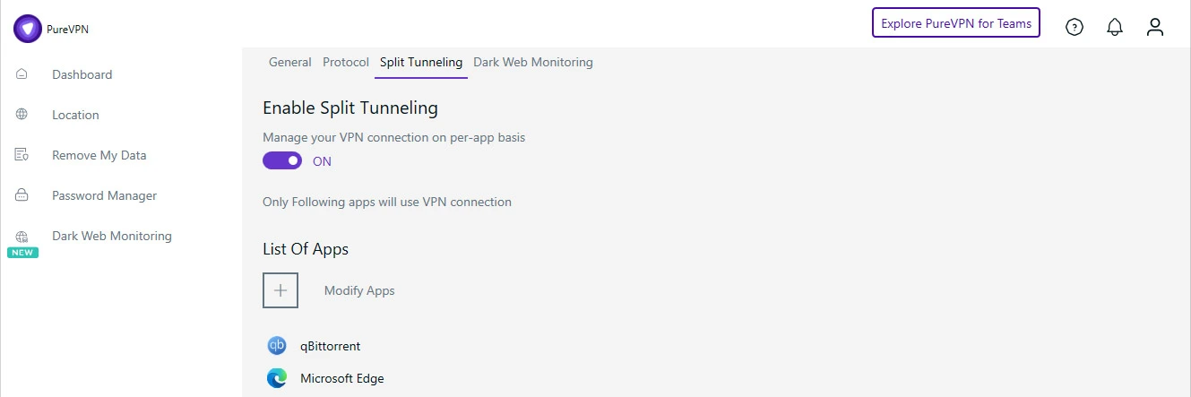 PureVPN split tunneling