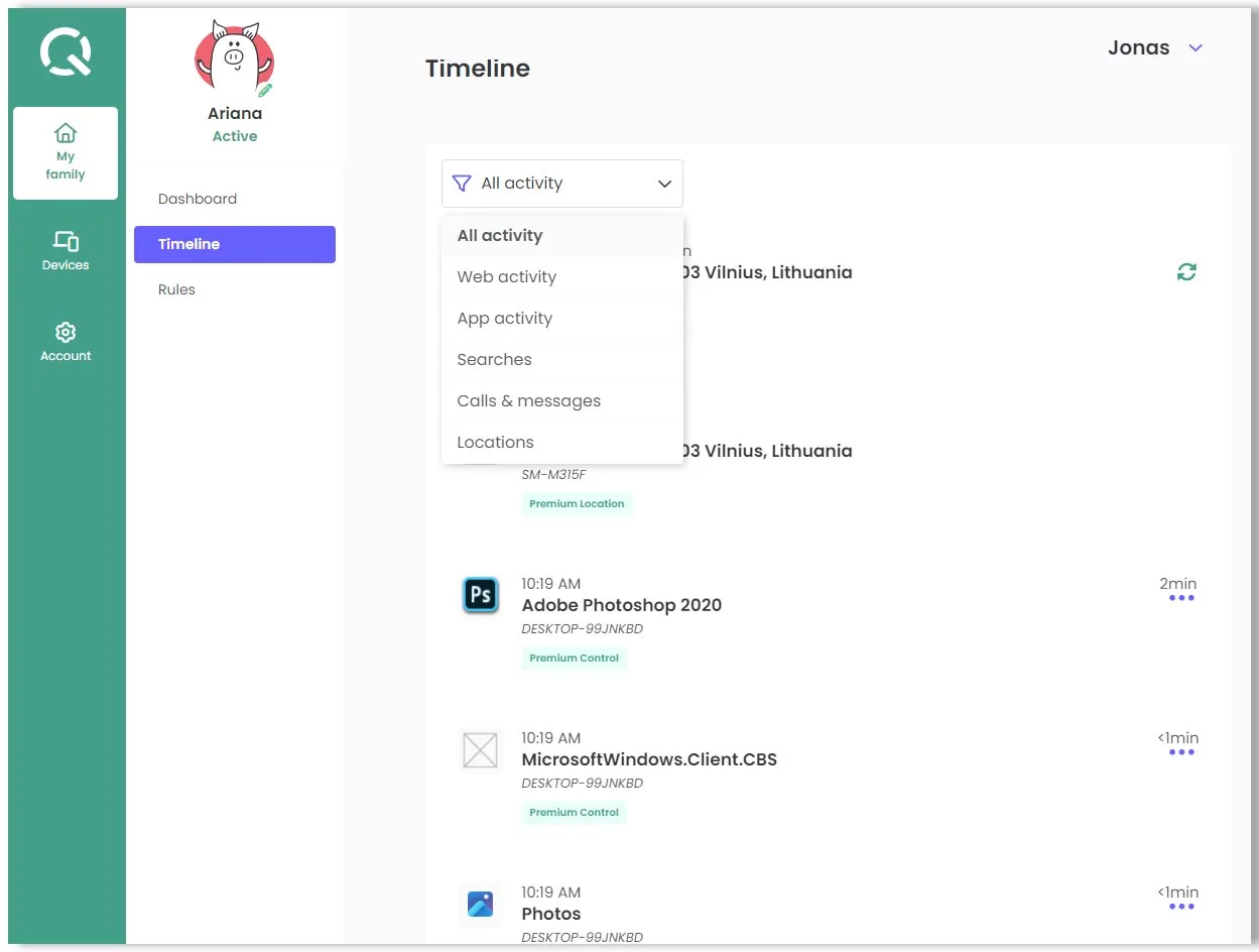 Qustodio app - laiko juosta