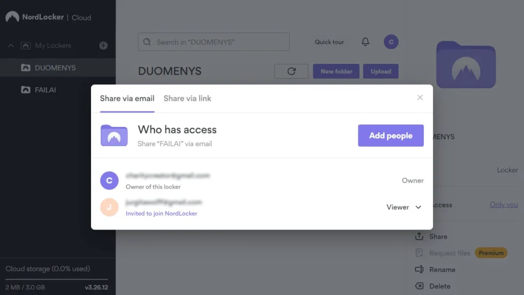 Nordlocker aplankų pasidalijimas su kitais Nordlocker vartotojais