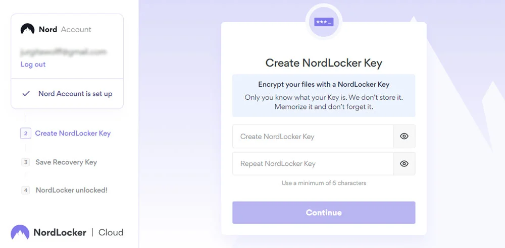 Nordlocker pagrindinio slaptažodžio sukūrimas