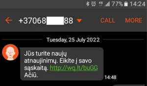 Phishing sms žinute sukčiavimas