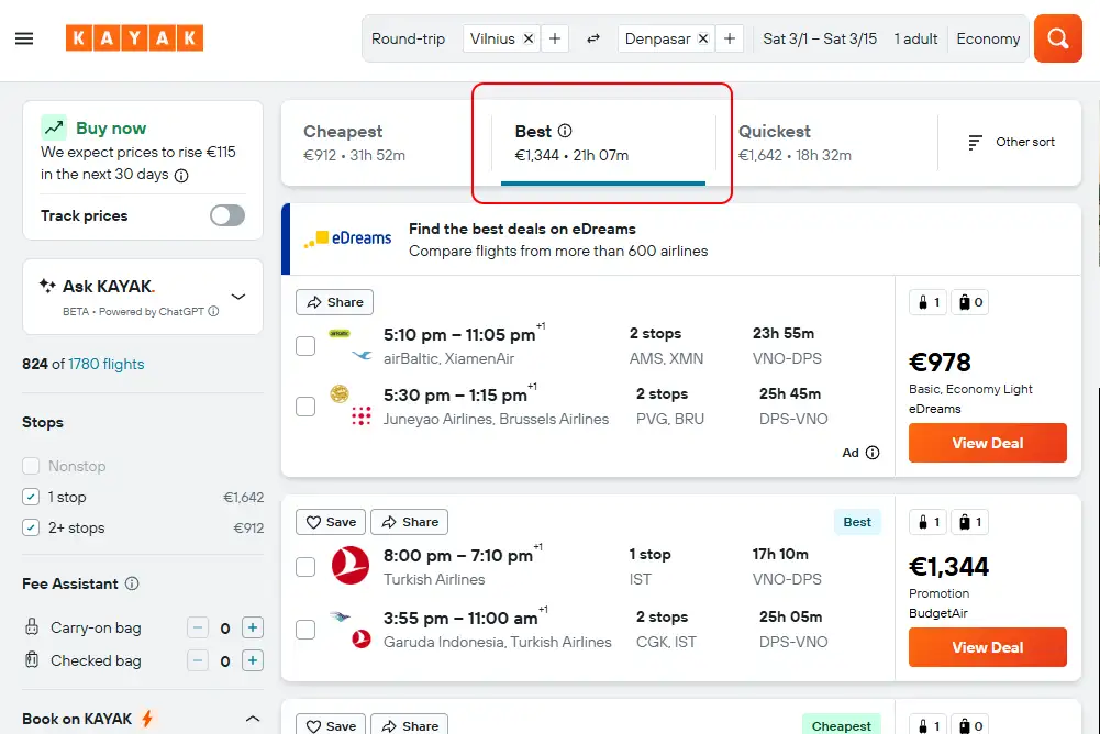 Kayak pigs skrydiai - Lietuva - Balis