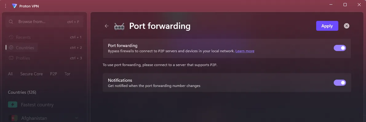 ProtonVPN port forwarding