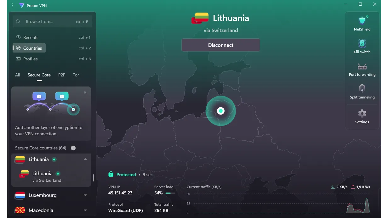 ProtonVPN dvigubas VPN - Secure Core