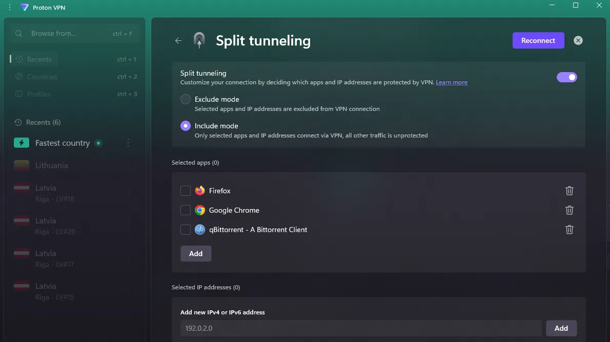 ProtonVPN split tunneling